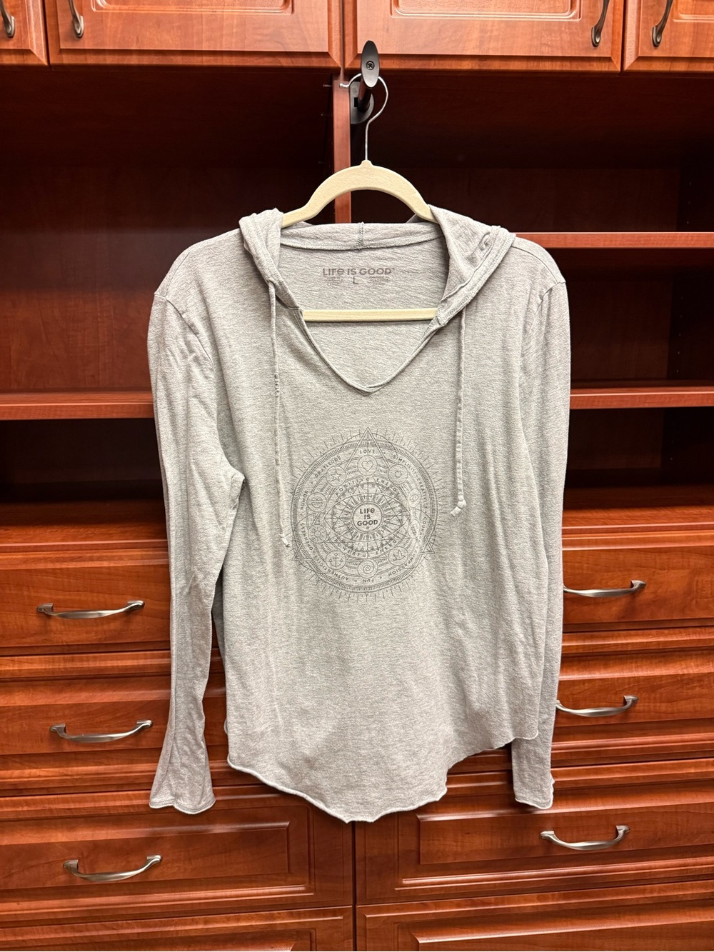 Life is Good Women's Light Gray Hooded Long Sleeve Cotton TShirt